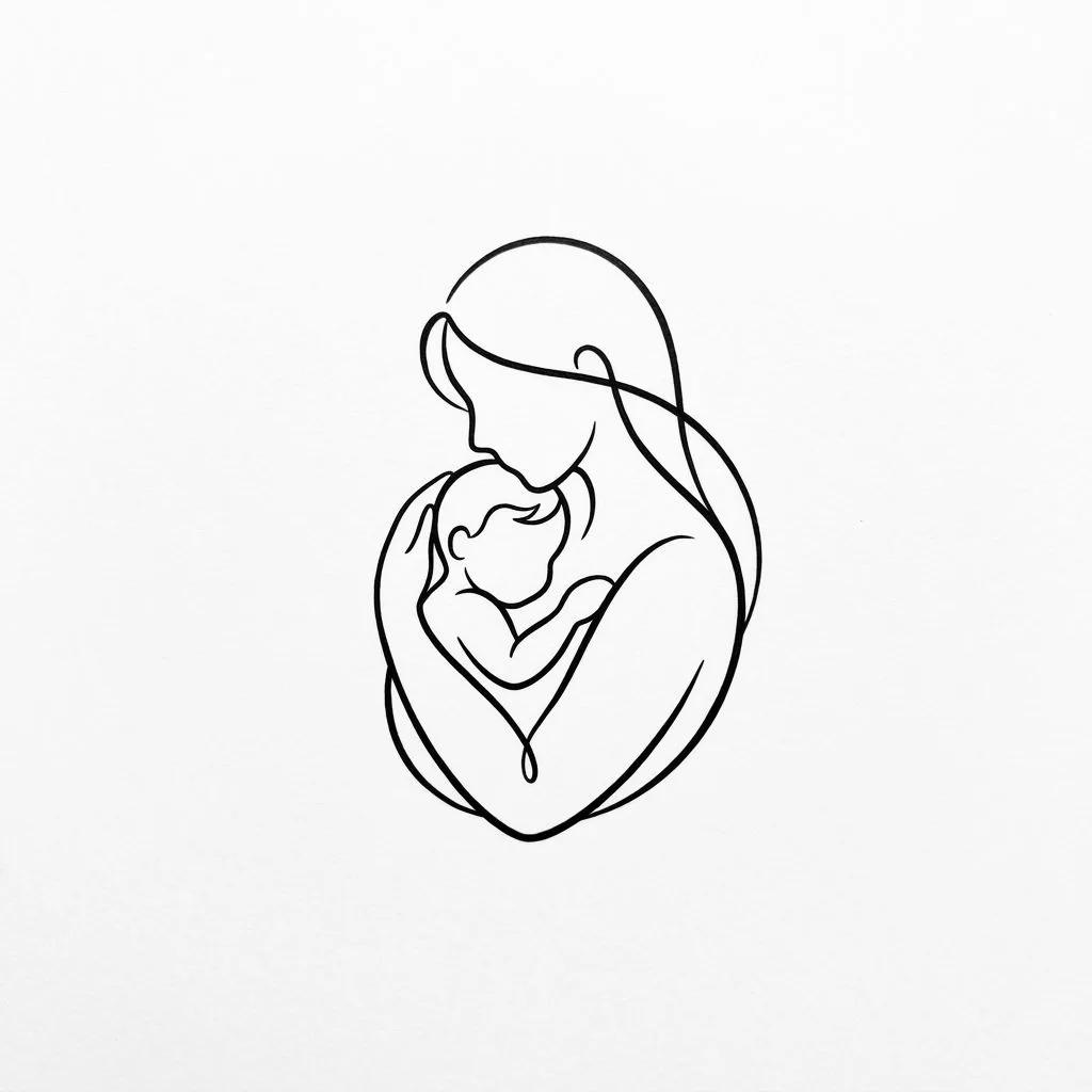 Continuous line tattoo of a mother holding her baby, minimalist black style on white background.