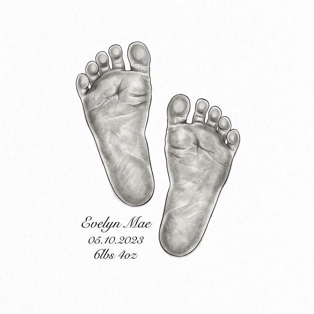 Realistic baby footprint tattoo design with name, date, and birth weight on a white background.