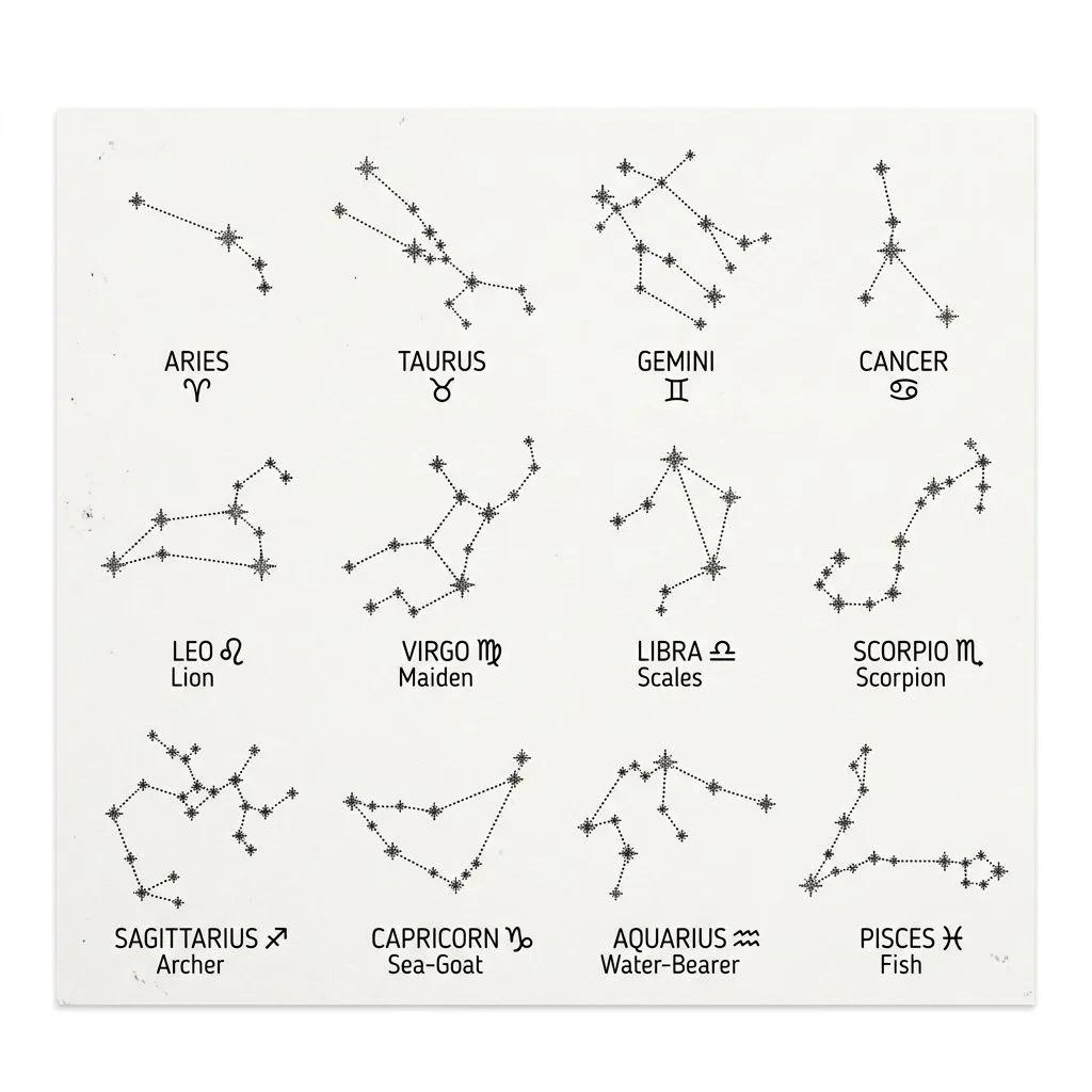 Tattoo flash sheet of the 12 zodiac constellations in a minimalist dotwork style on white background.