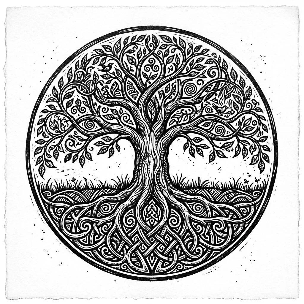 Circular tree of life tattoo design with intricate roots and branches, woodcut ink style.
