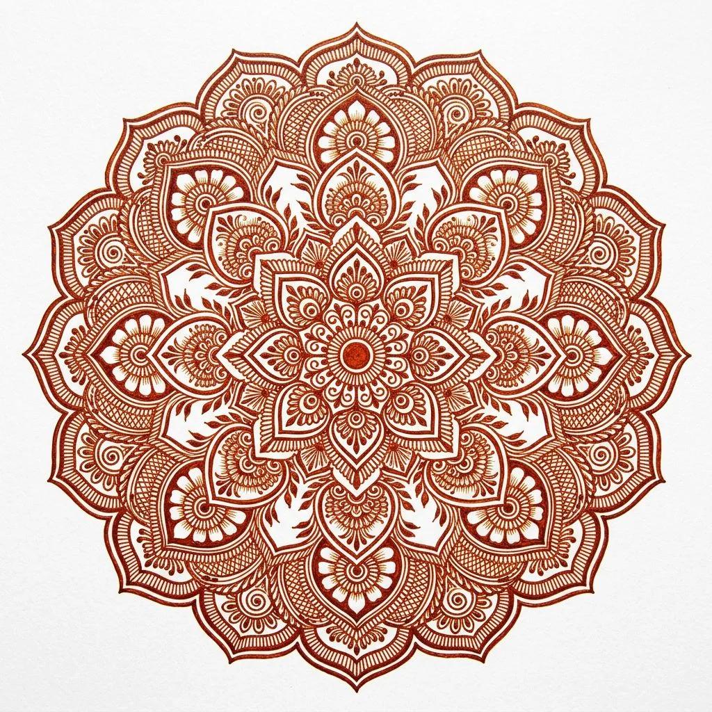 Henna style mandala tattoo design with intricate floral patterns in reddish-brown ink on white background.