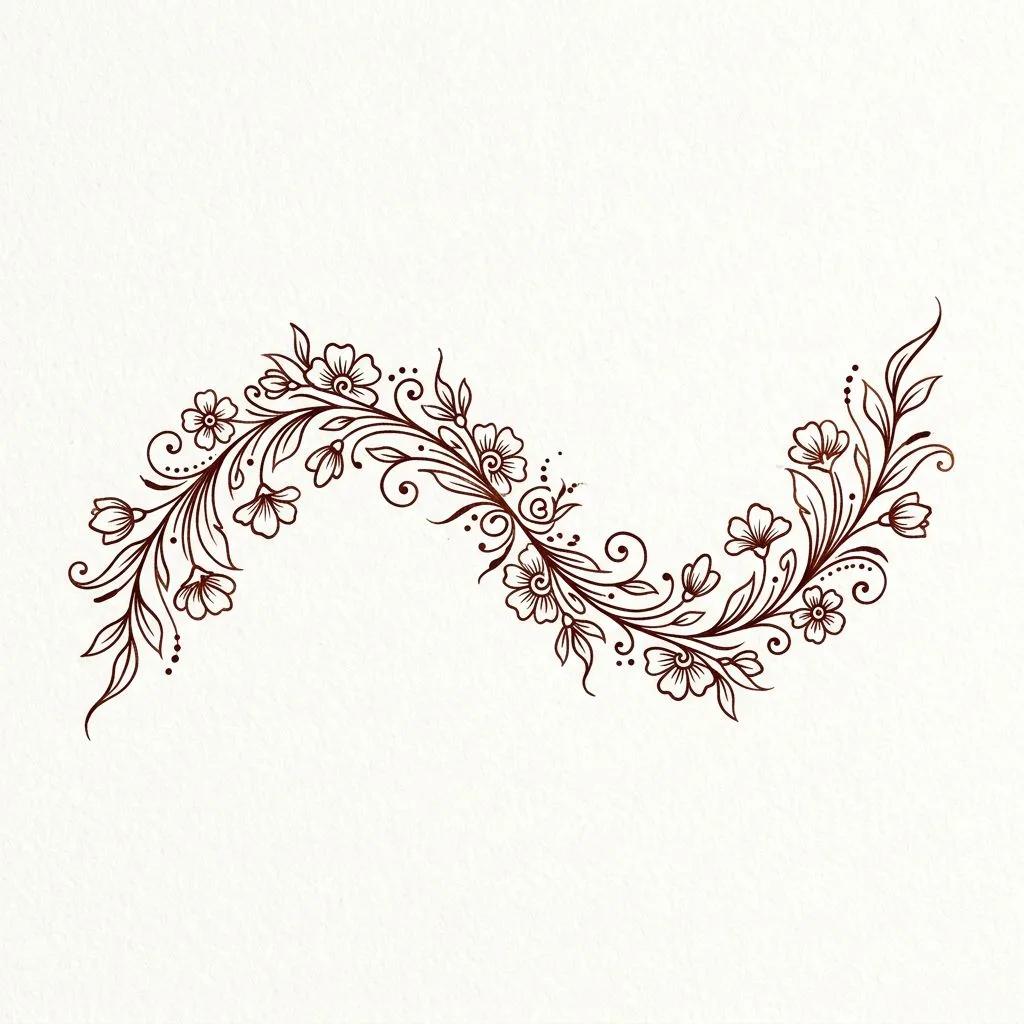 Wavy henna-style floral tattoo design featuring delicate flowers and swirls on a white background.