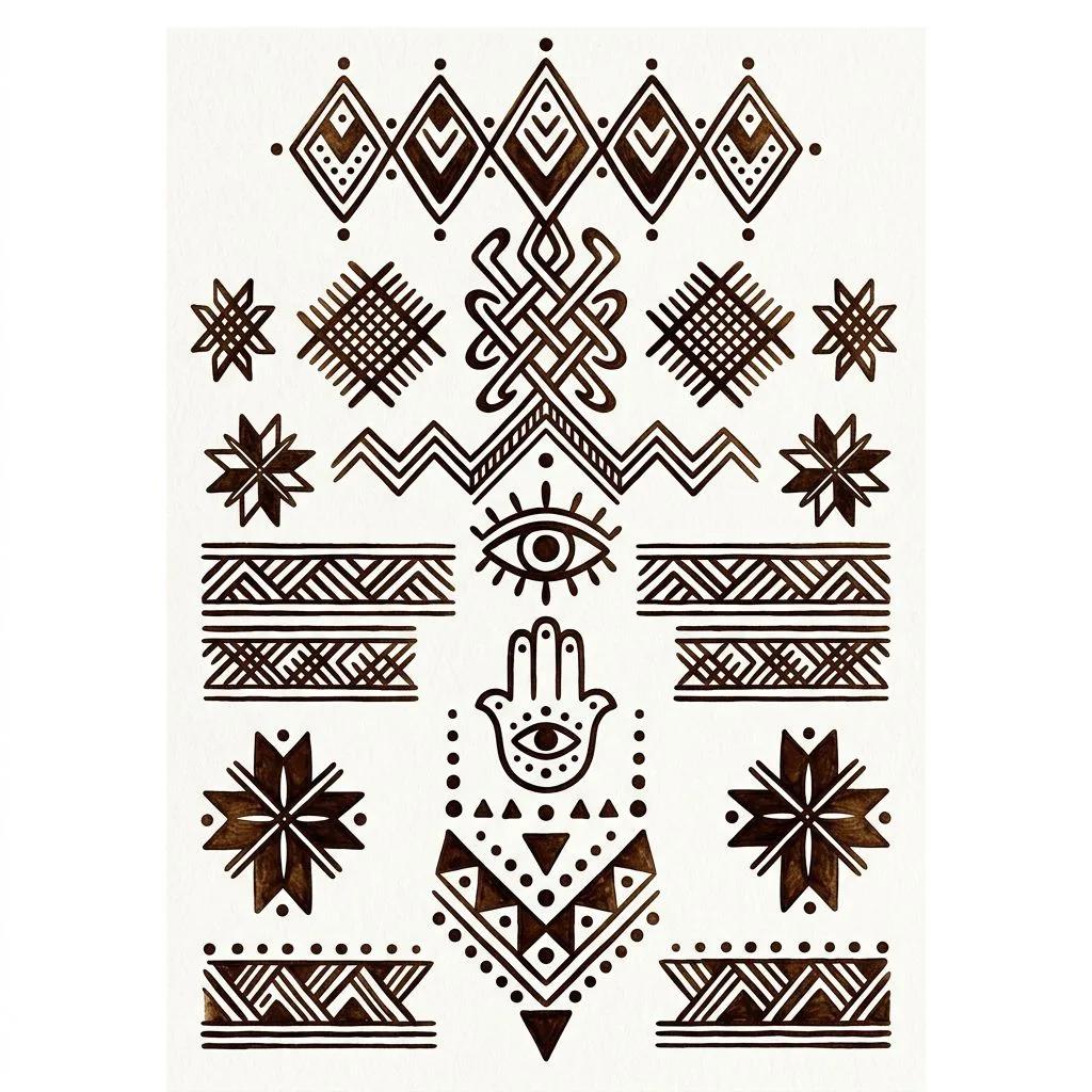 Flash sheet of dark brown Berber geometric tattoo designs on a white background.