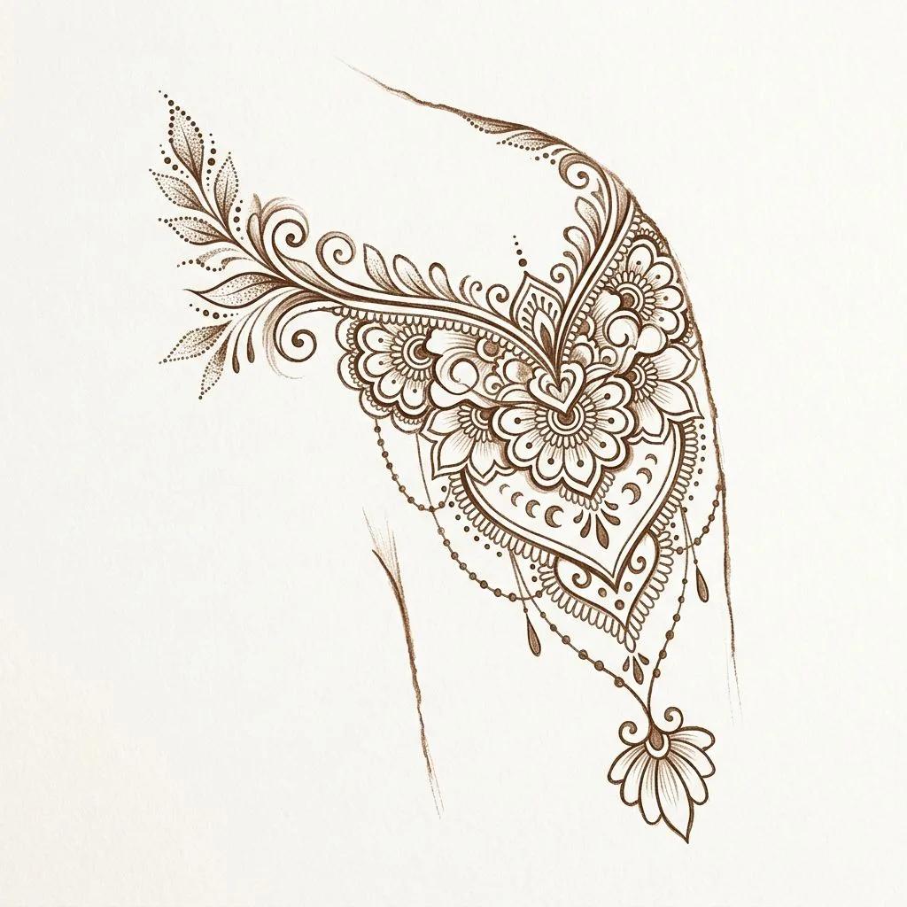 Henna style tattoo design with floral patterns and ornamental lace on a white background.