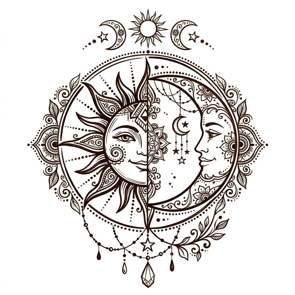 Henna tattoo design of an intertwined sun and moon with intricate mandala patterns.