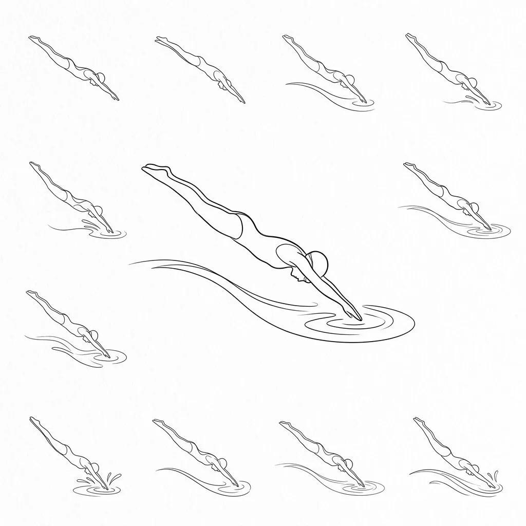 Minimalist tattoo flash sheet of a female swimmer diving, fine line black ink style on white background.