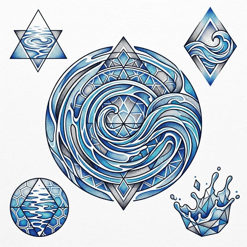 Flash sheet of geometric tattoos featuring waves and water ripples in blue and black dotwork.