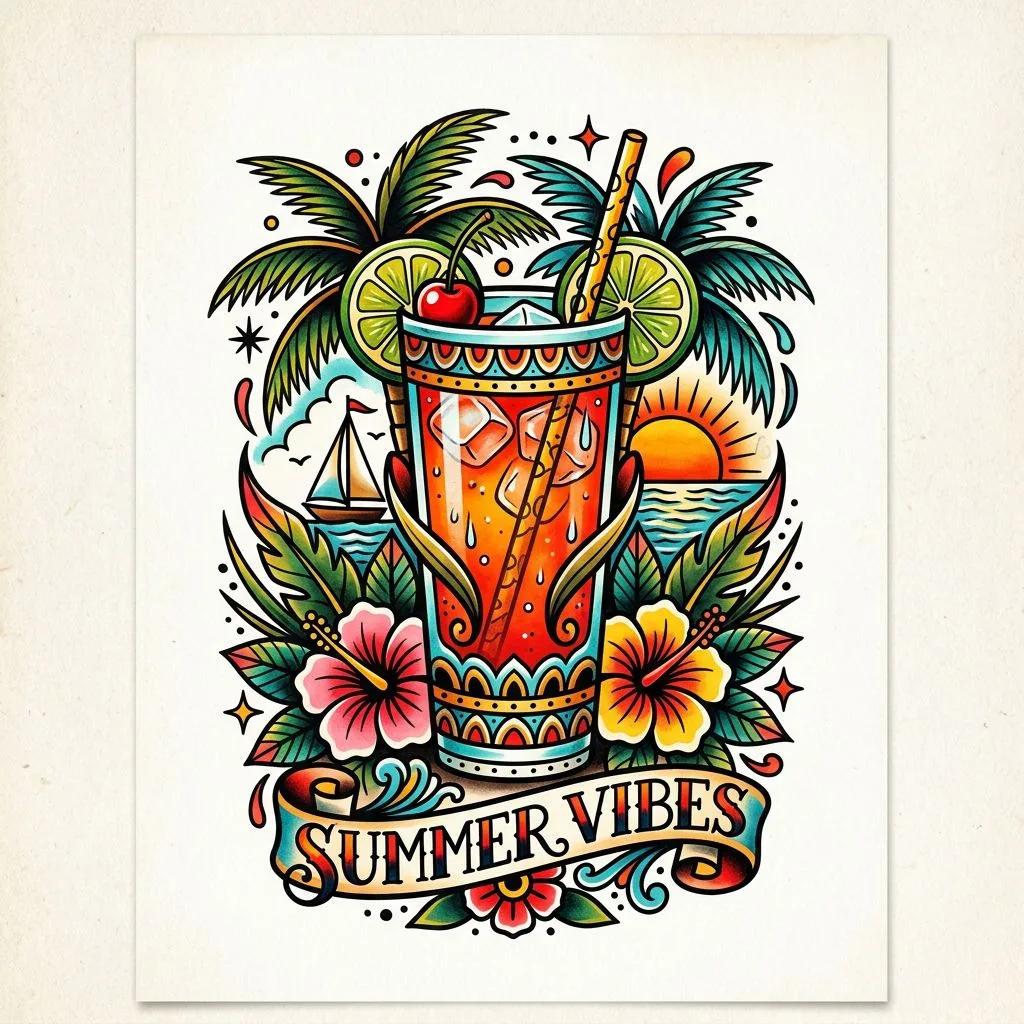Traditional old school tattoo of a summer cocktail with palm trees, hibiscus, and a sunset on a white background.