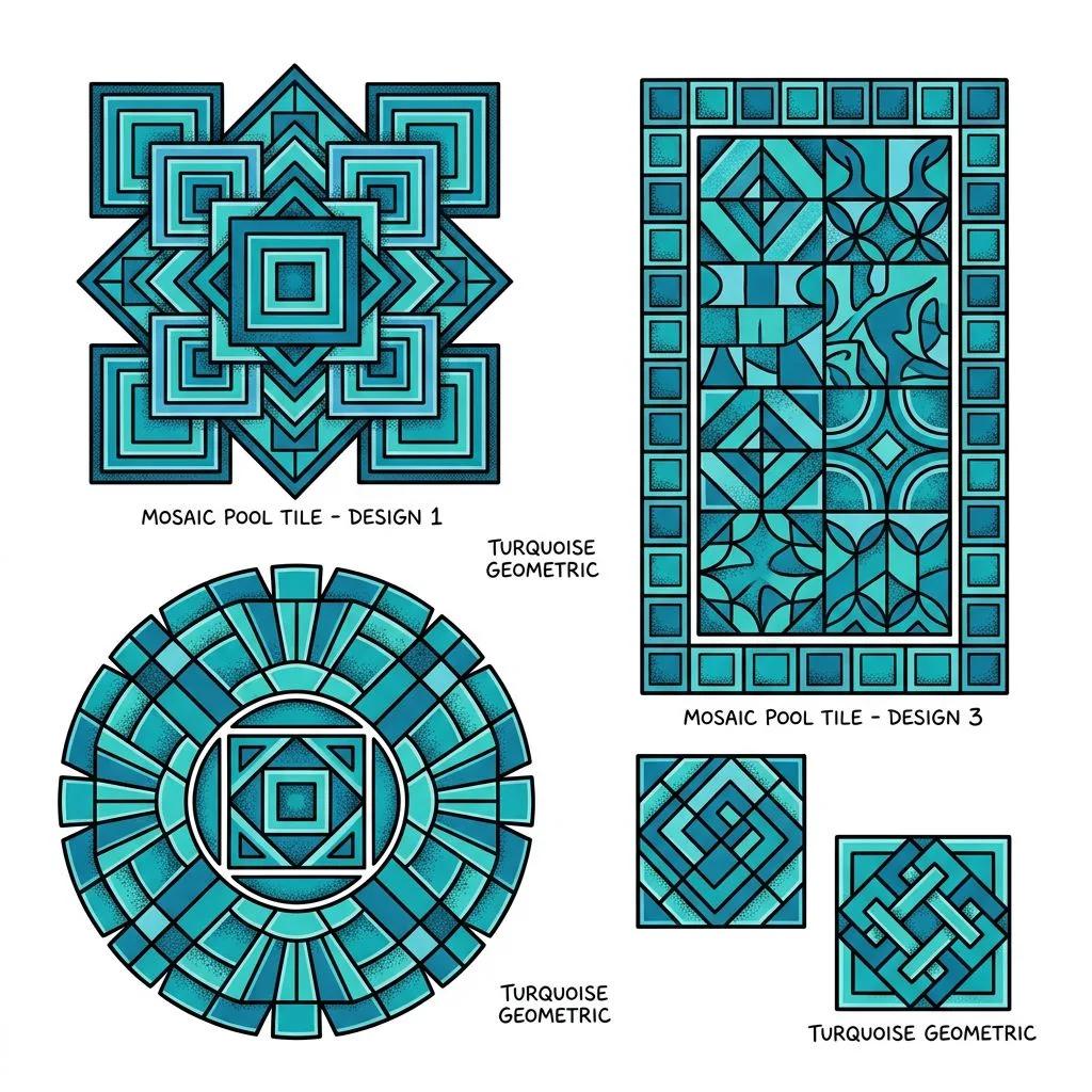 Turquoise geometric tattoo designs inspired by pool mosaics on a white background.