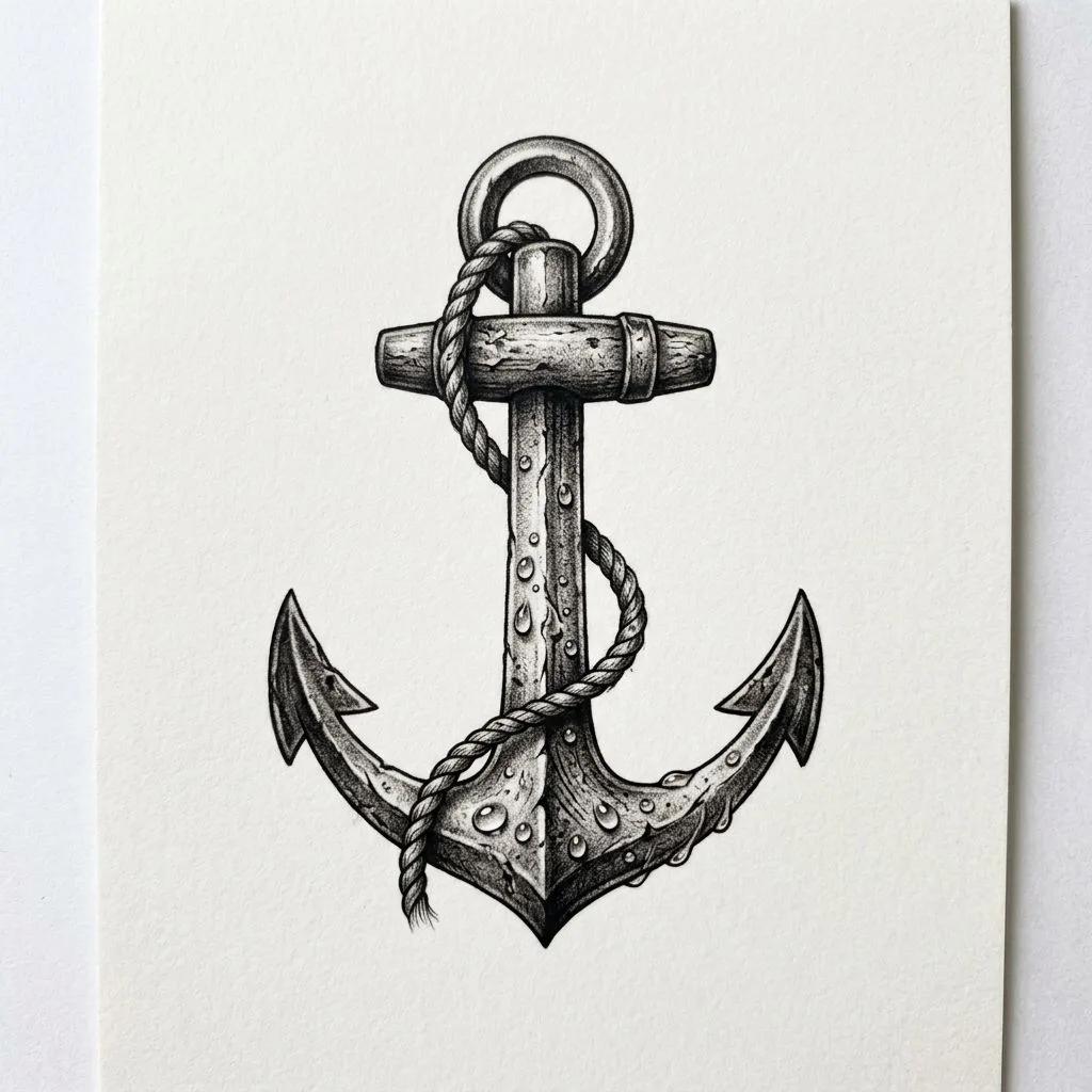 Realistic anchor tattoo design with a rope and water droplets, black and grey style on white paper.
