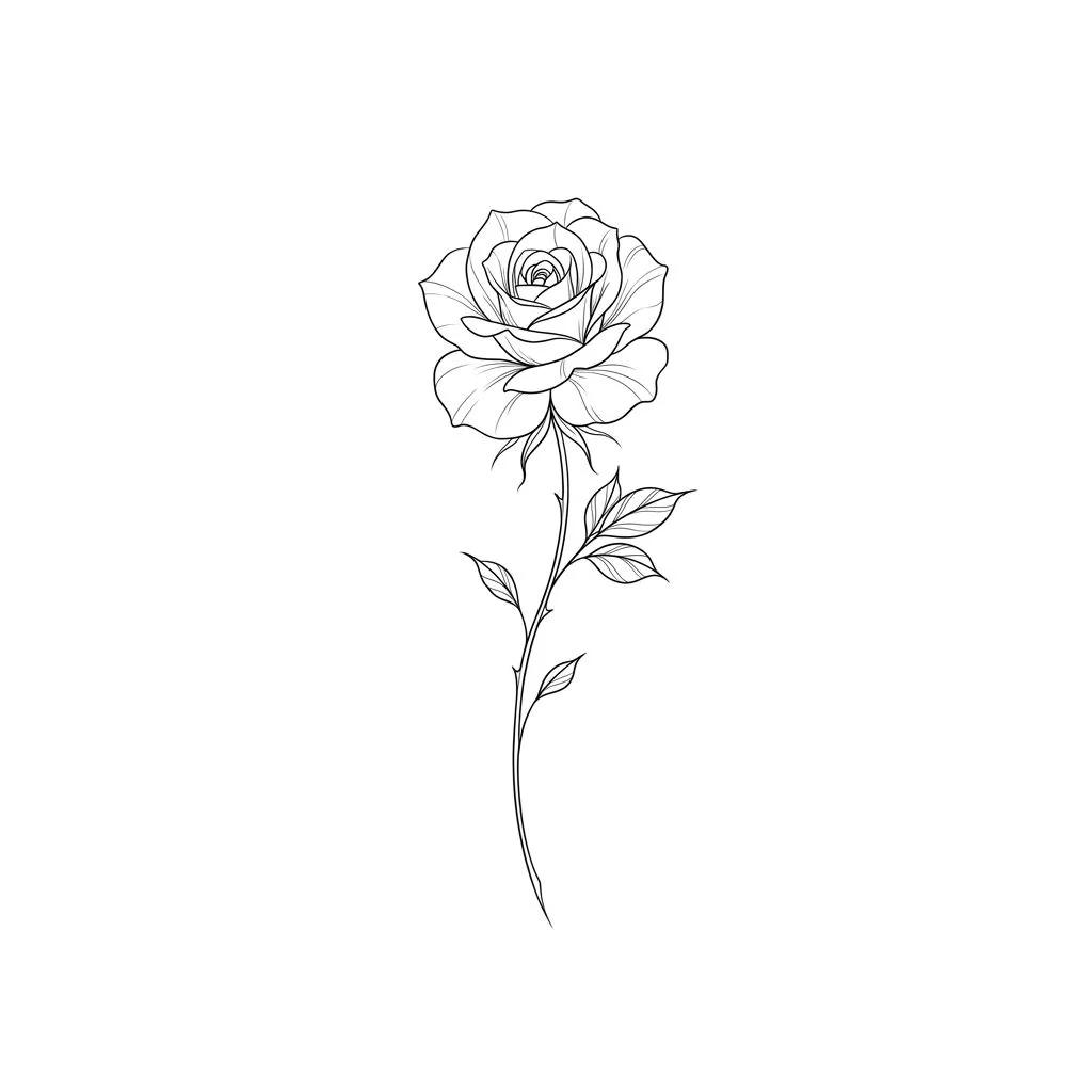 Minimalist fine-line rose tattoo design with stem and leaves on a white background.