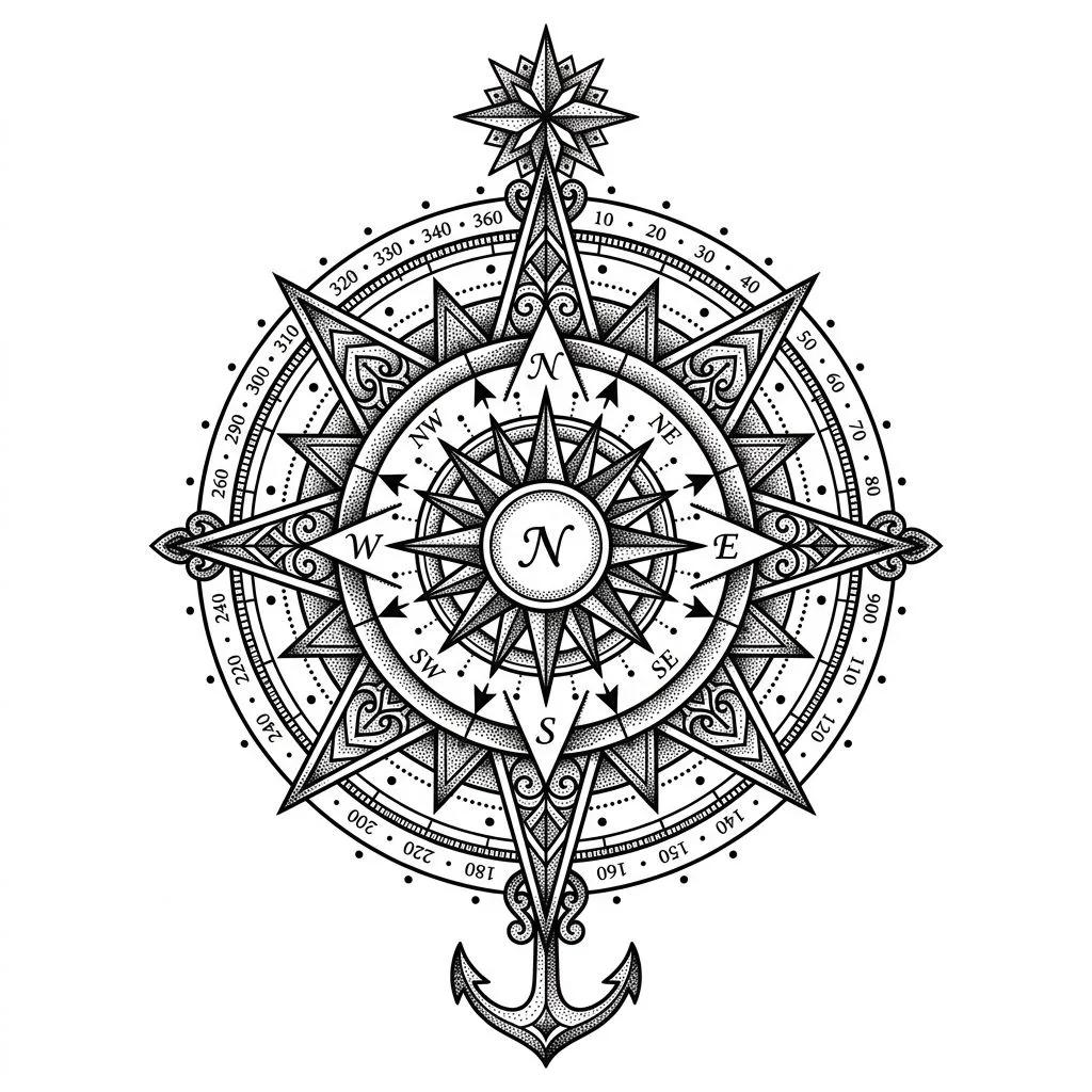 Geometric dotwork tattoo design of a compass rose with an anchor and star on a white background.