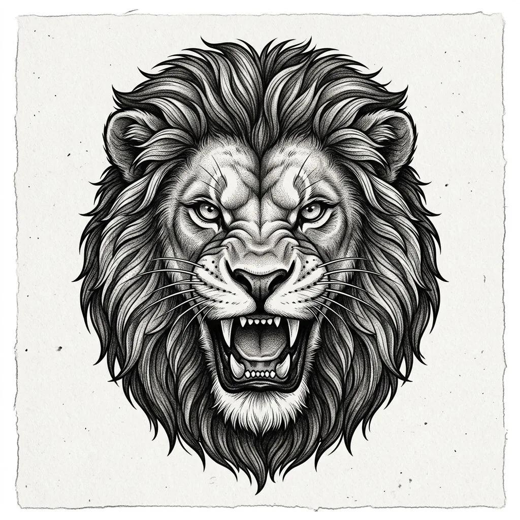 Realistic roaring lion head tattoo design with detailed fur and intense expression.