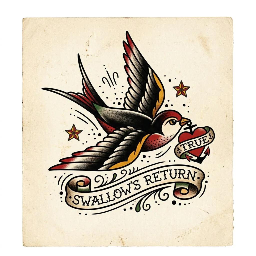 Traditional old school swallow tattoo with a heart, anchor, and banners on aged paper.