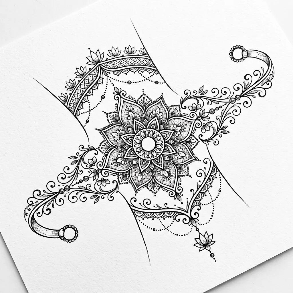 Ornamental tattoo design featuring a central mandala, lace patterns, and flowers in fine black lines.