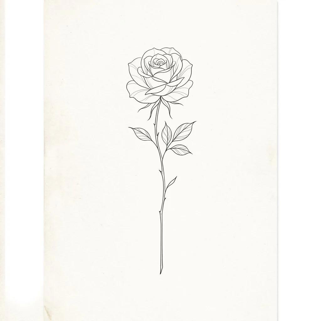 Fine line minimalist rose tattoo design with a long vertical stem.