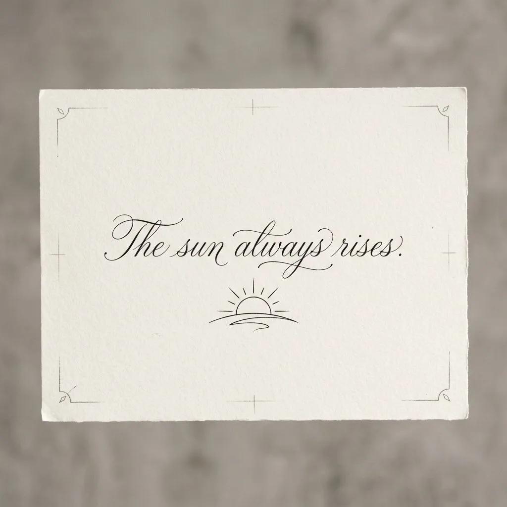 Tattoo design of the quote 'The sun always rises' in elegant script with a sun symbol on white paper.