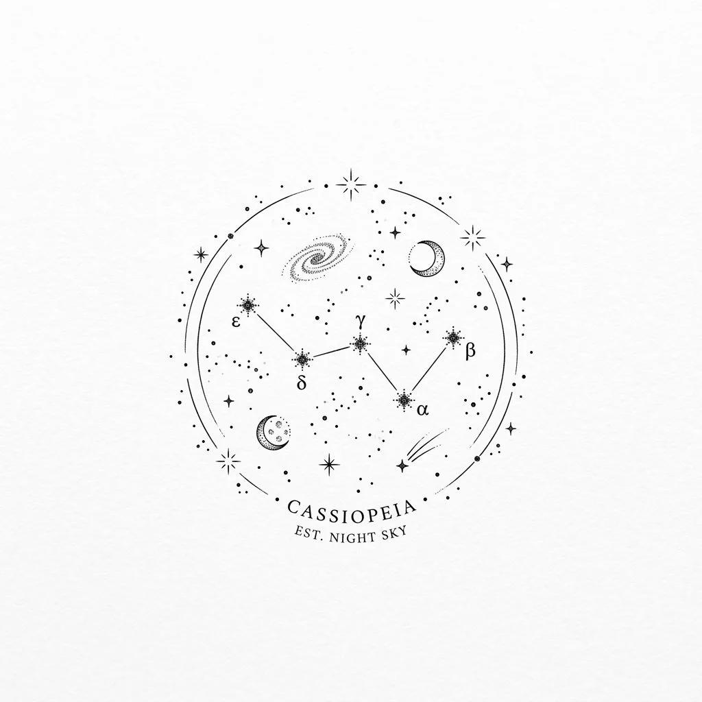 Cassiopeia constellation tattoo design, fine-line and dotwork with celestial elements.