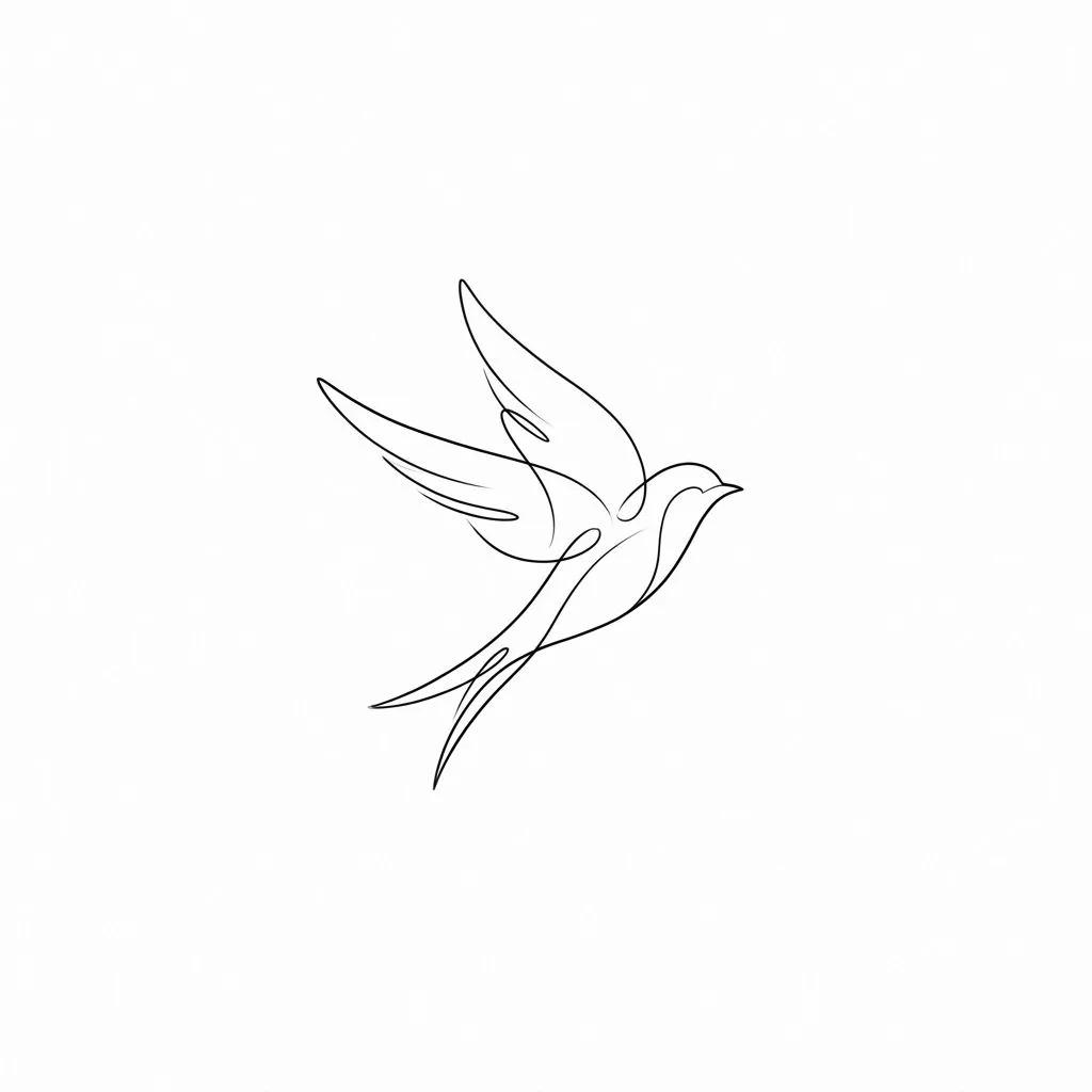 Fine-line minimalist tattoo design of a bird in flight, drawn in a single stroke on a white background.