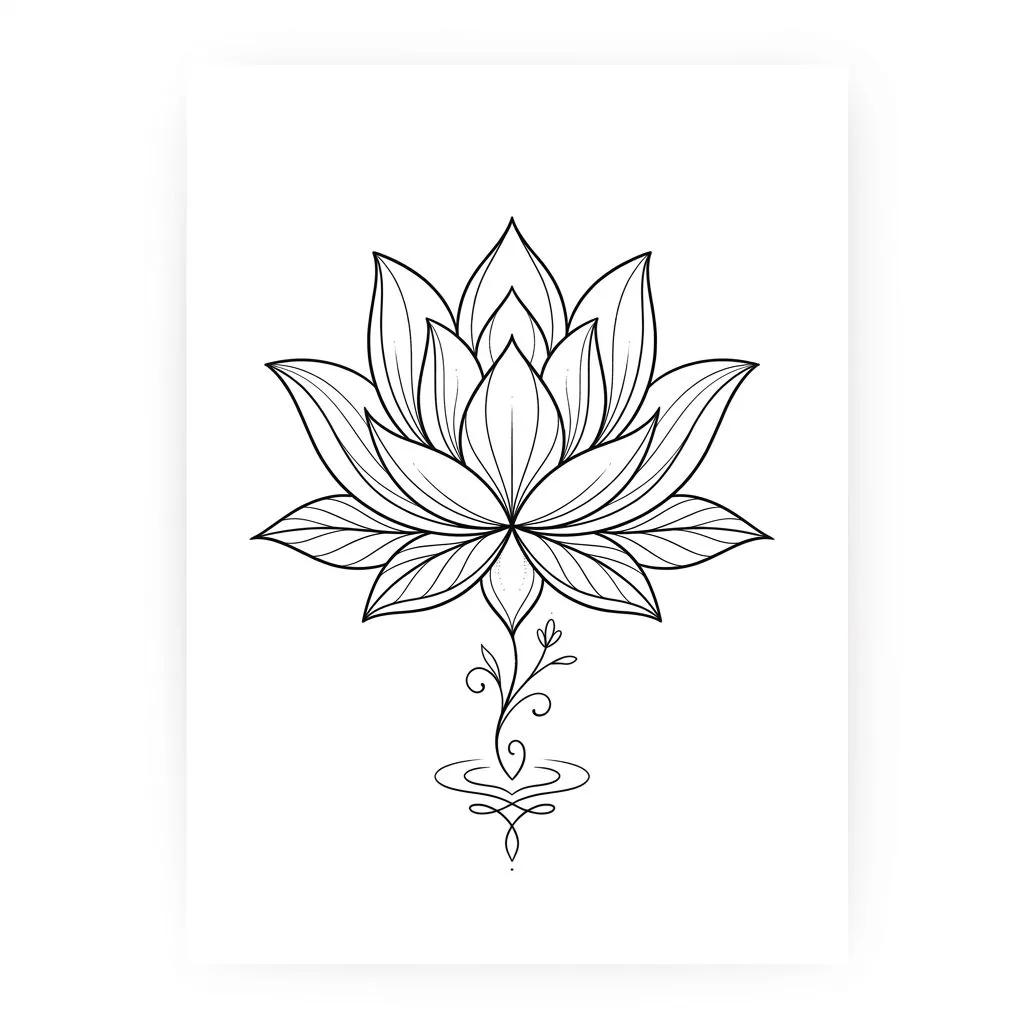 Symmetrical fine-line lotus flower tattoo design on a white background.