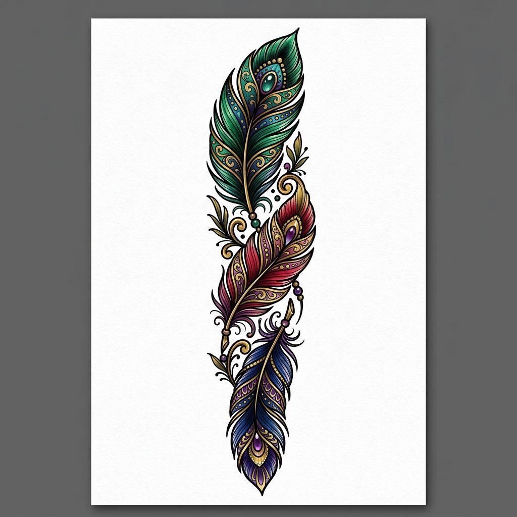 spine-tattoo neo-traditional feathers