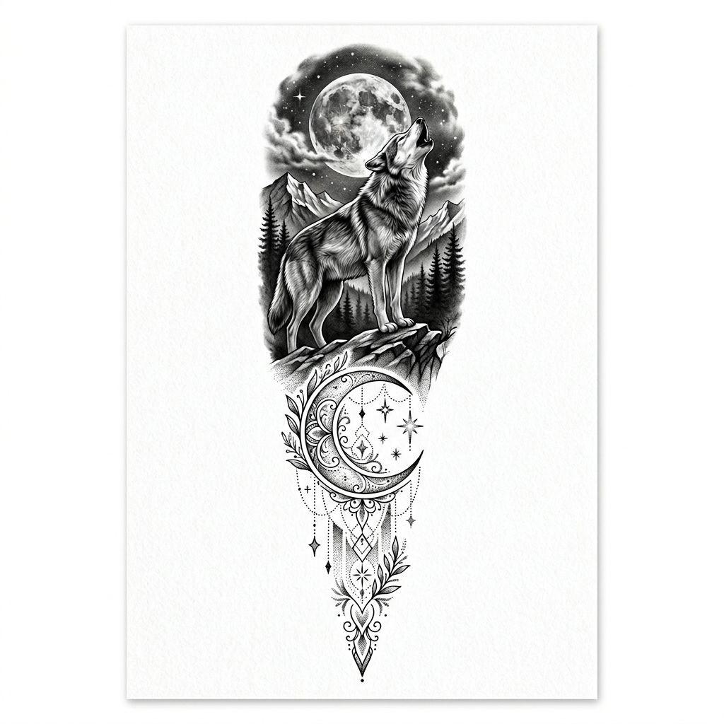 spine-tattoo wolf howling at the moon
