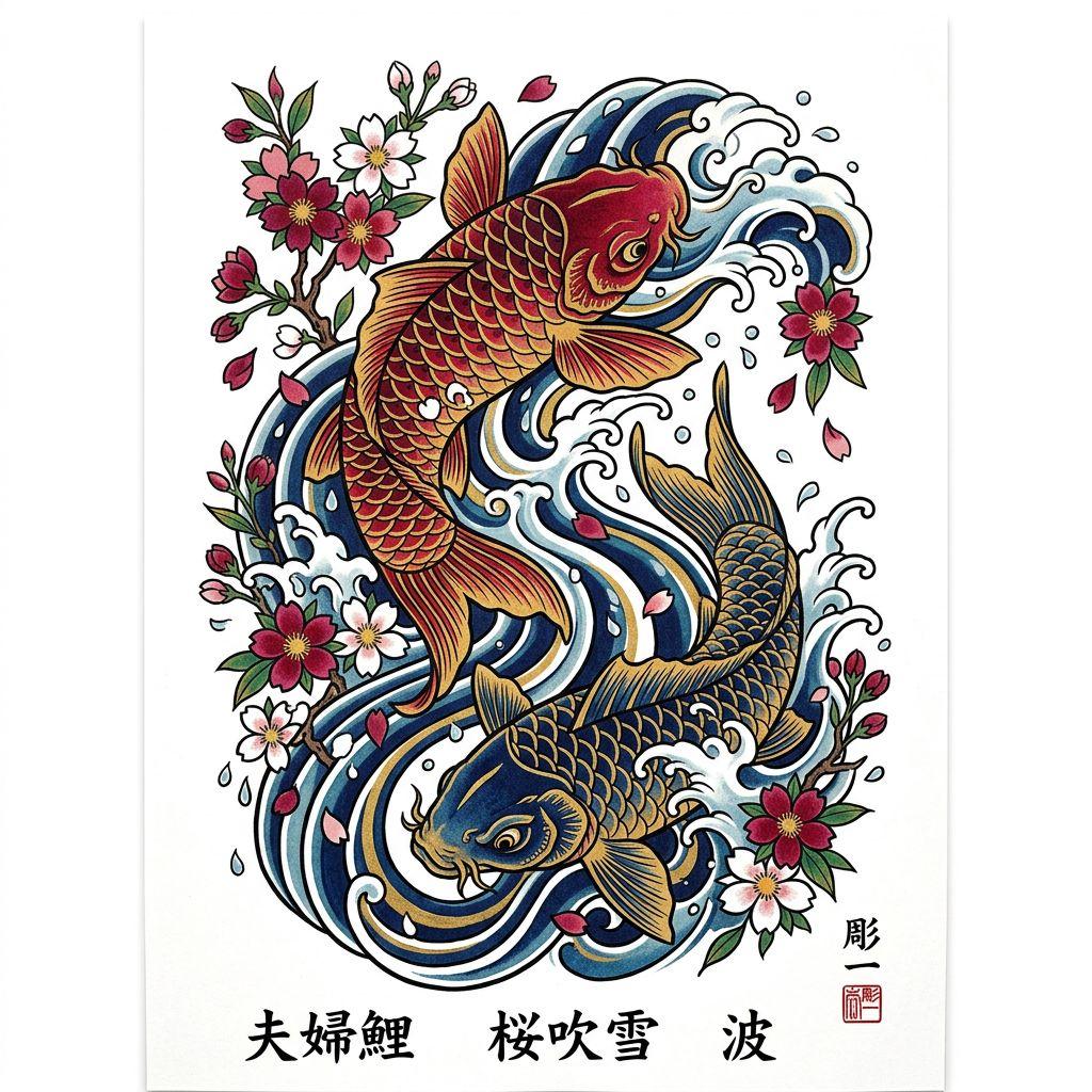 idée tatouage couple carpes koï en couple