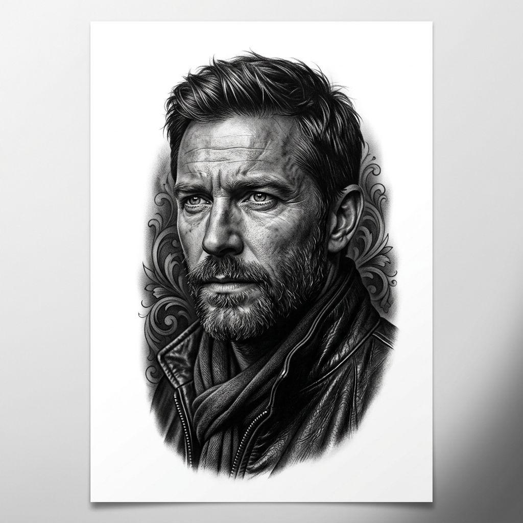 thigh-tattoo realistic black and gray portrait
