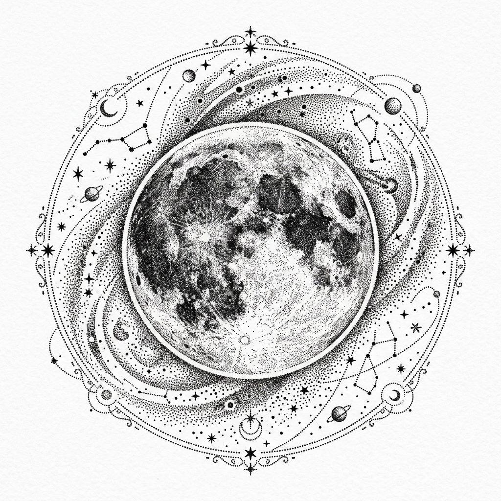 thigh-tattoo dotwork moon