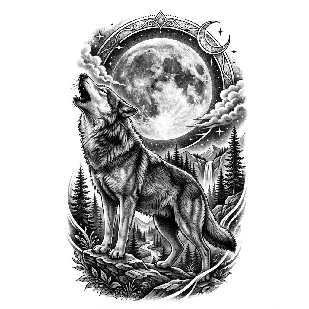 thigh-tattoo realistic howling wolf