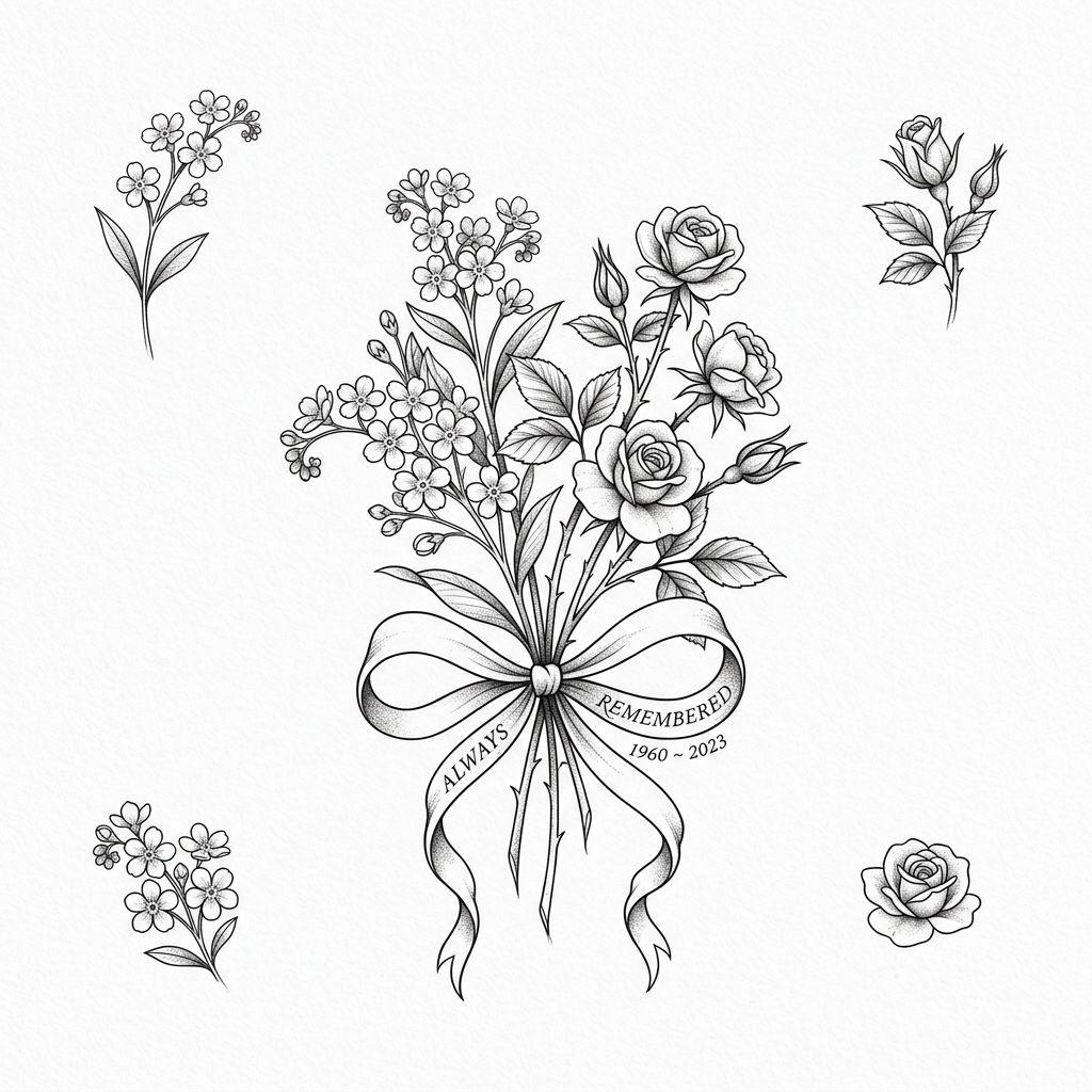 idée tatouage deuil bouquet floral mémoriel