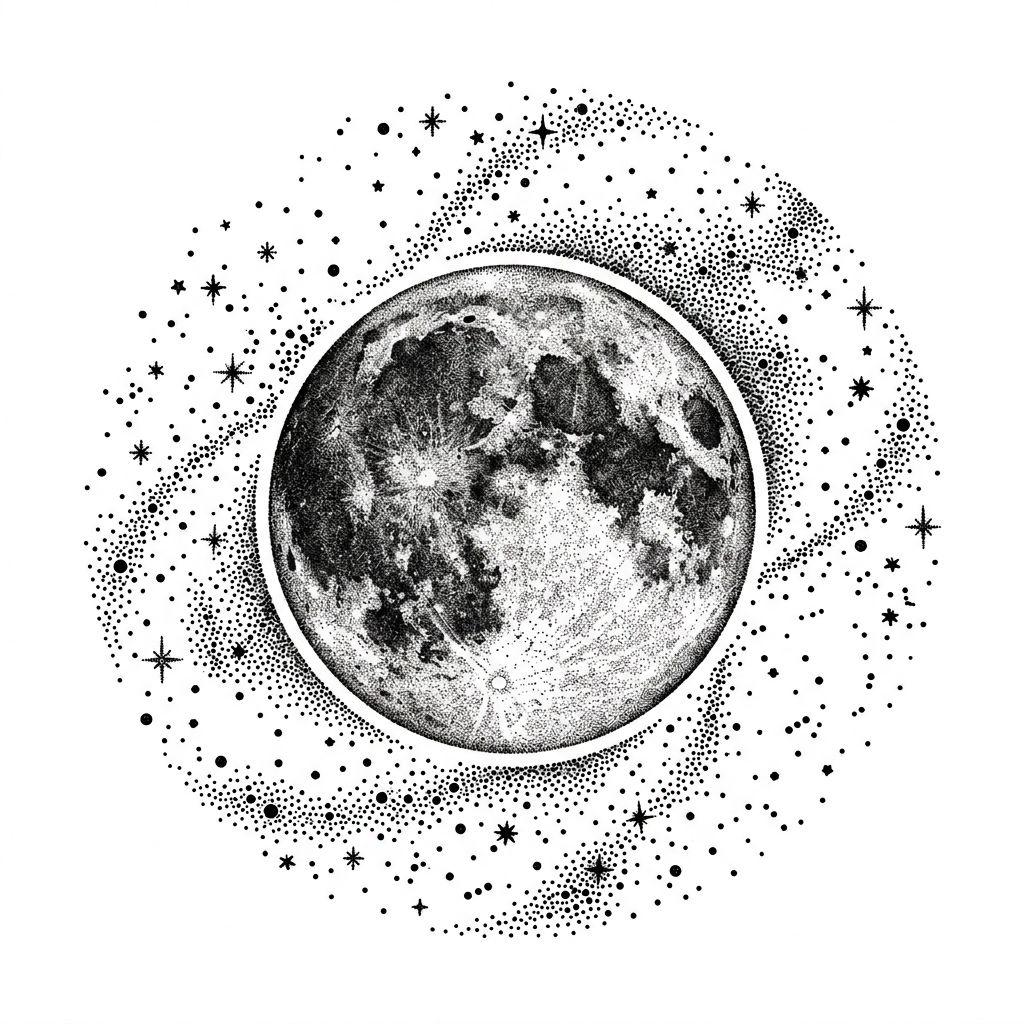 back-tattoo dotwork moon and stars