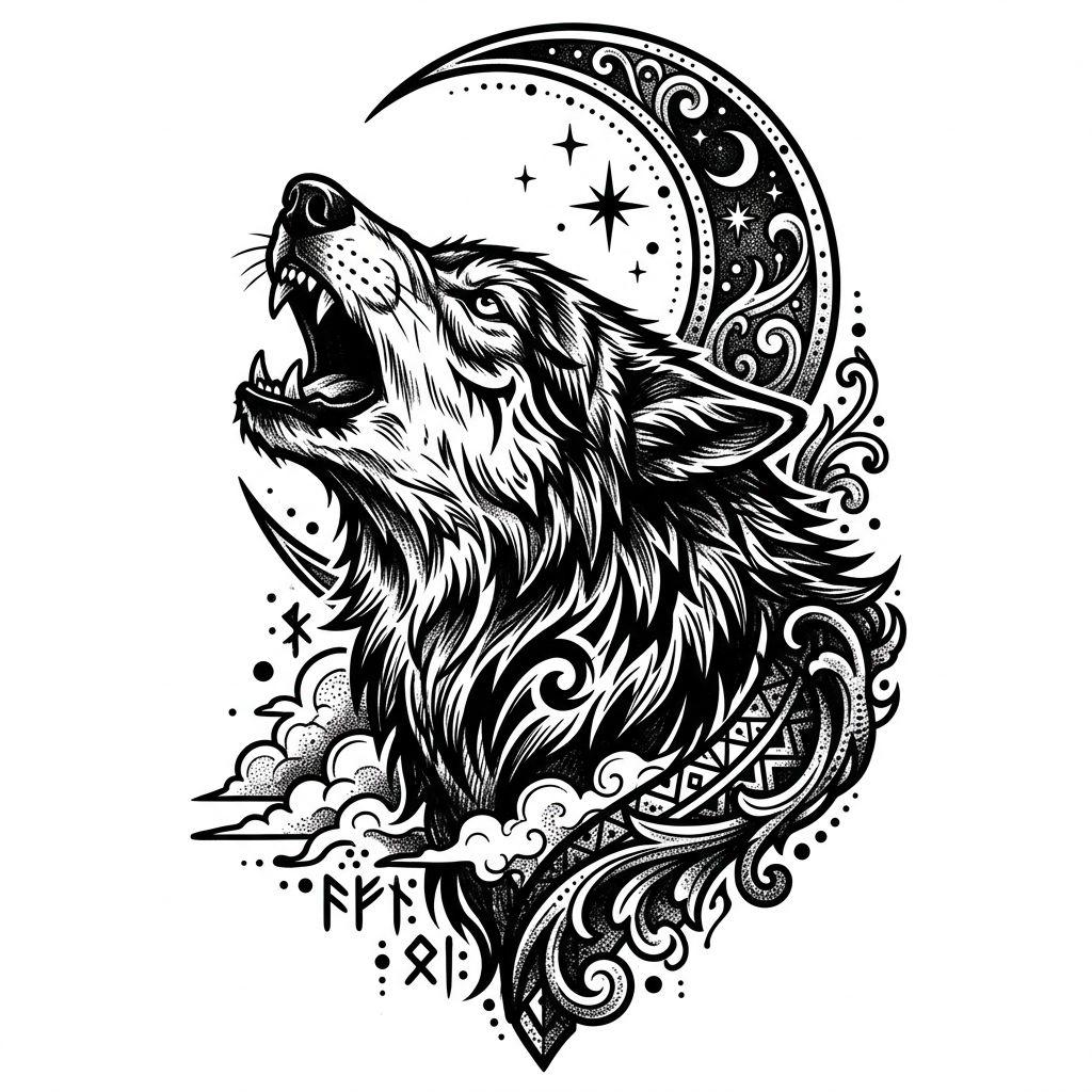 back-tattoo mystical blackwork wolf