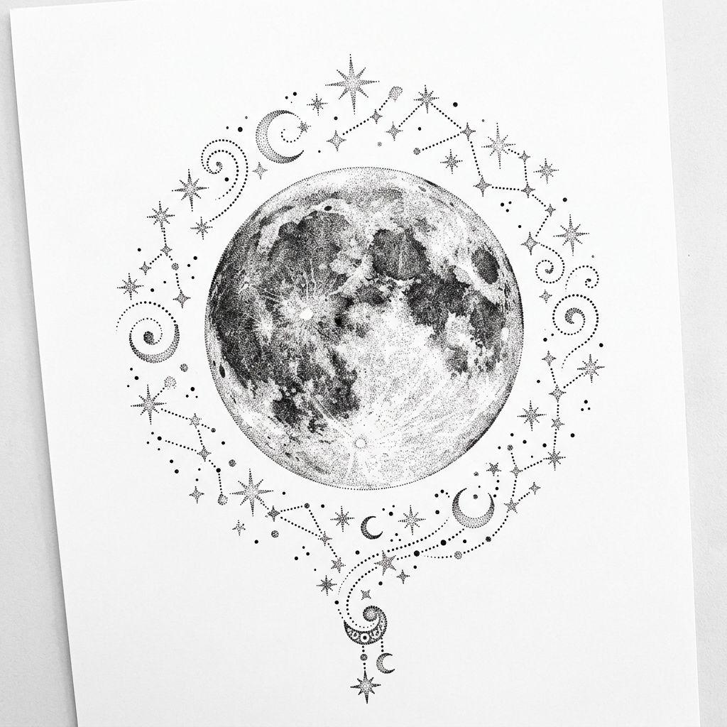 women-tattoo dotwork moon