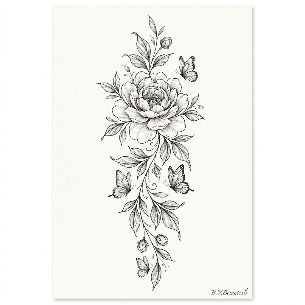 idée tatouage femme bras pivoine florale composition