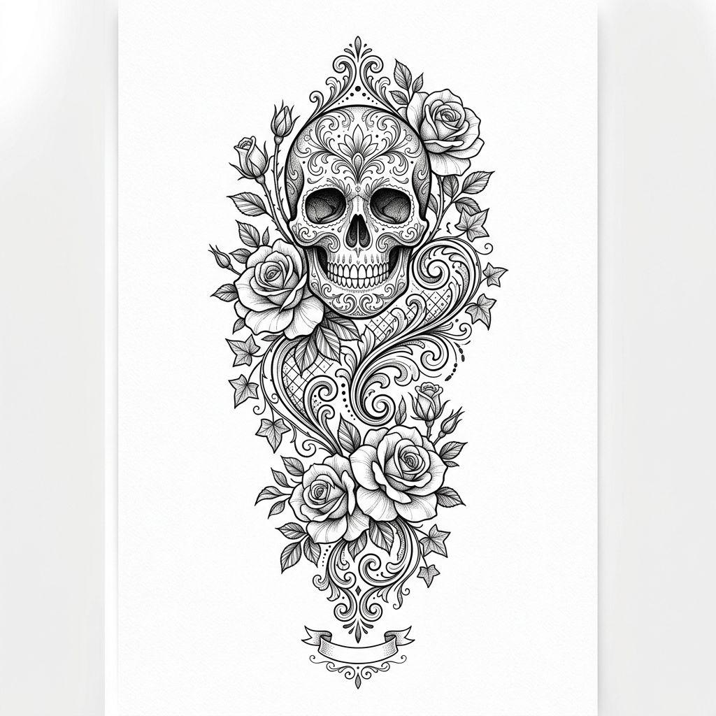 idée tatouage femme bras crâne fleuri