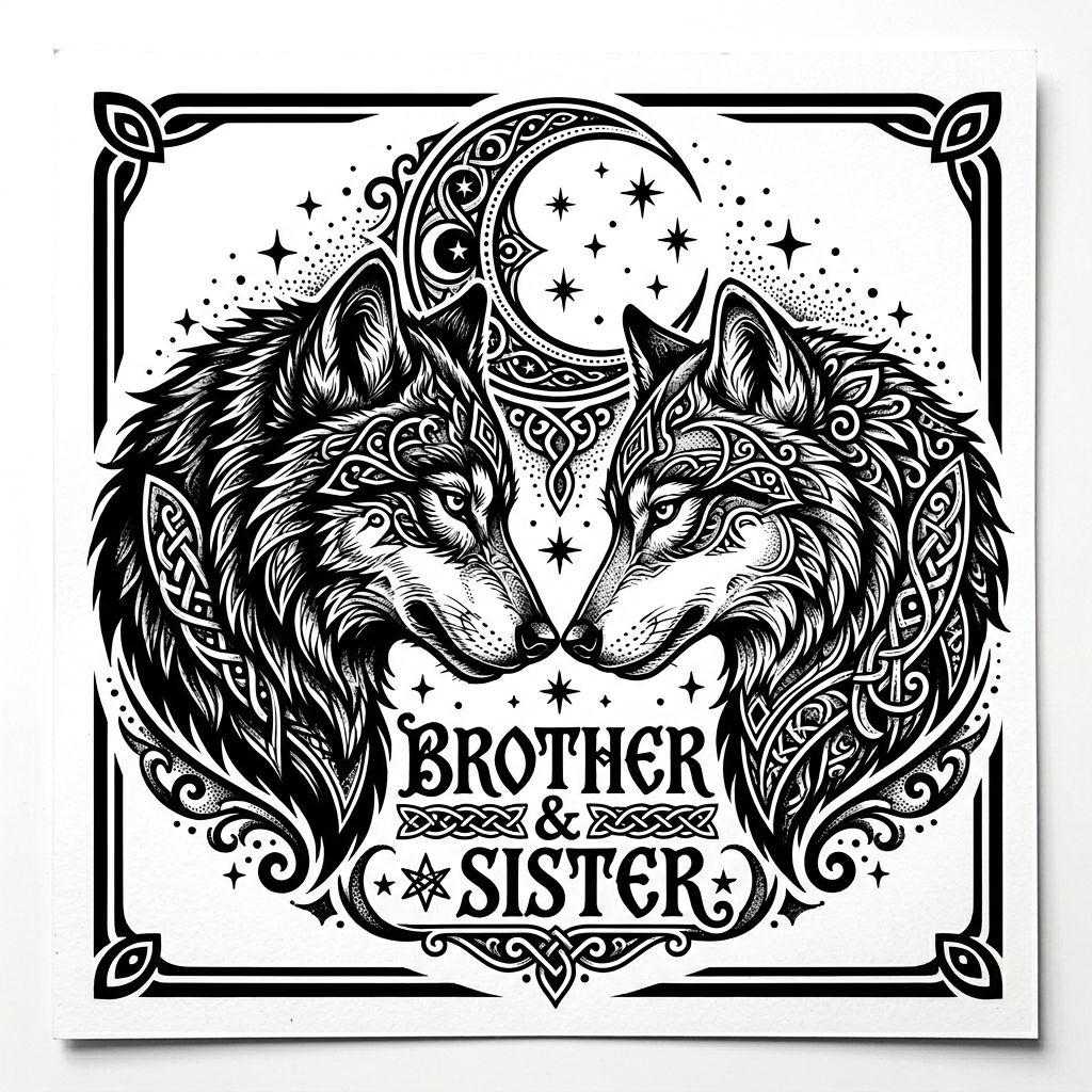 siblings-tattoo wolf and she-wolf blackwork