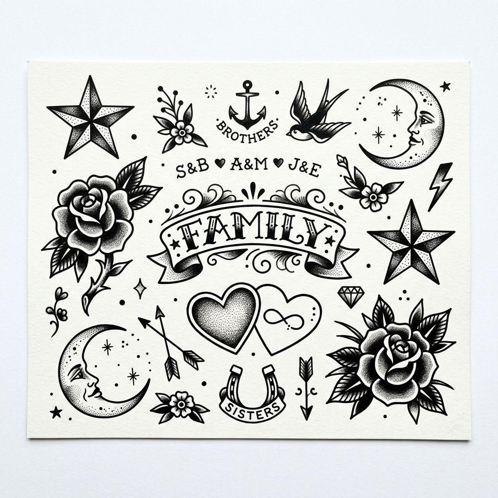 siblings-tattoo flash patchwork