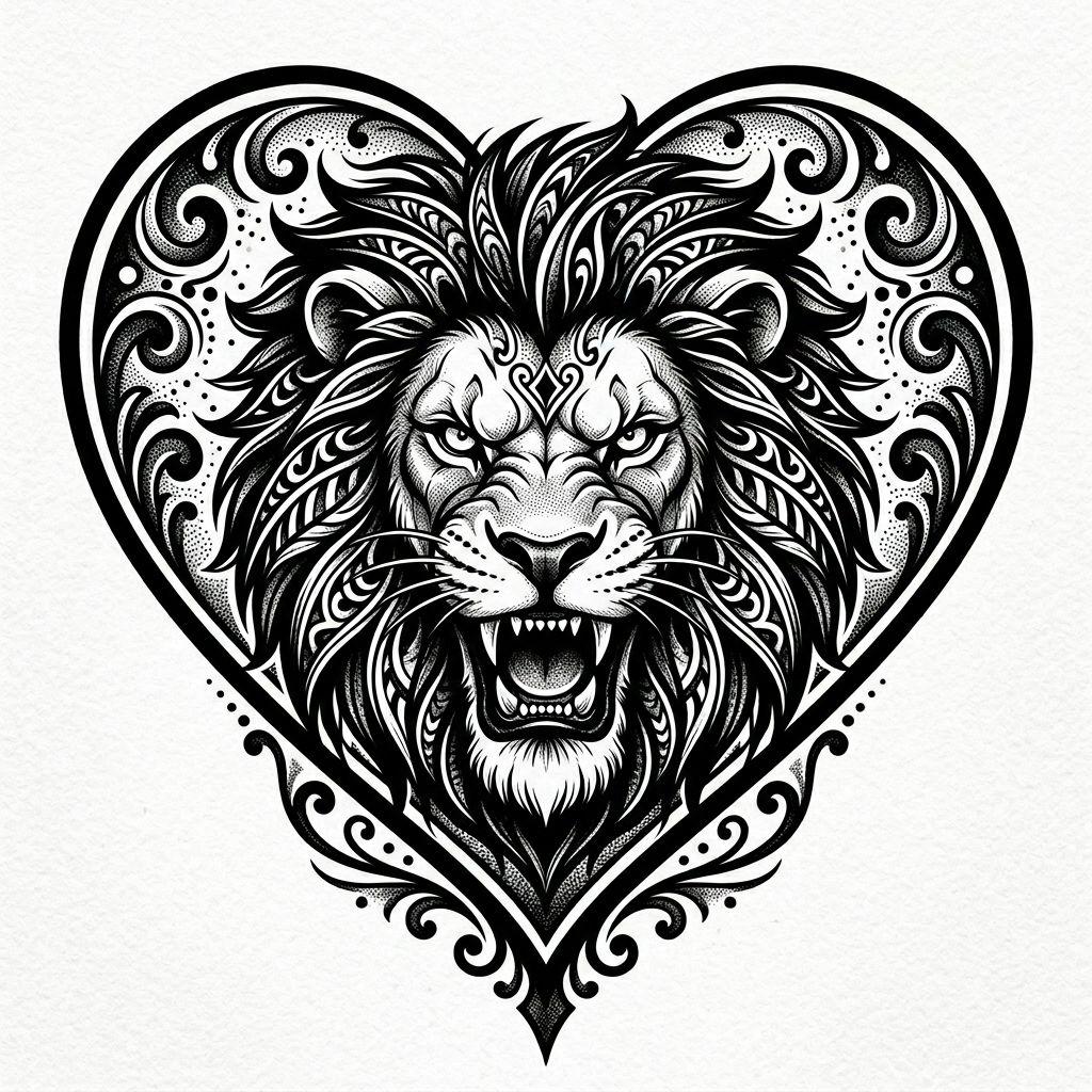 heart-tattoo lion in a blackwork heart