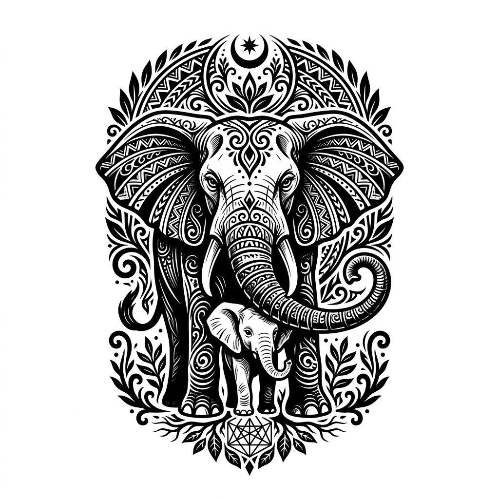 mother and daughter-tattoo elephant cow and calf