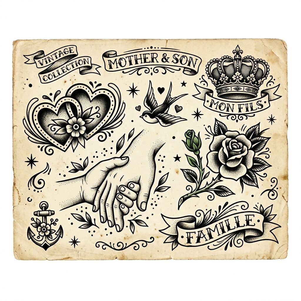 mother and son-tattoo family flash patchwork