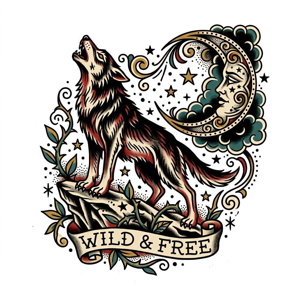 moon-tattoo old school moon and wolf
