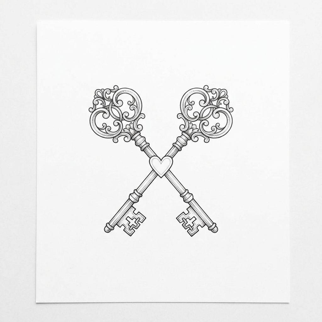 couple-tattoo fine-line keys