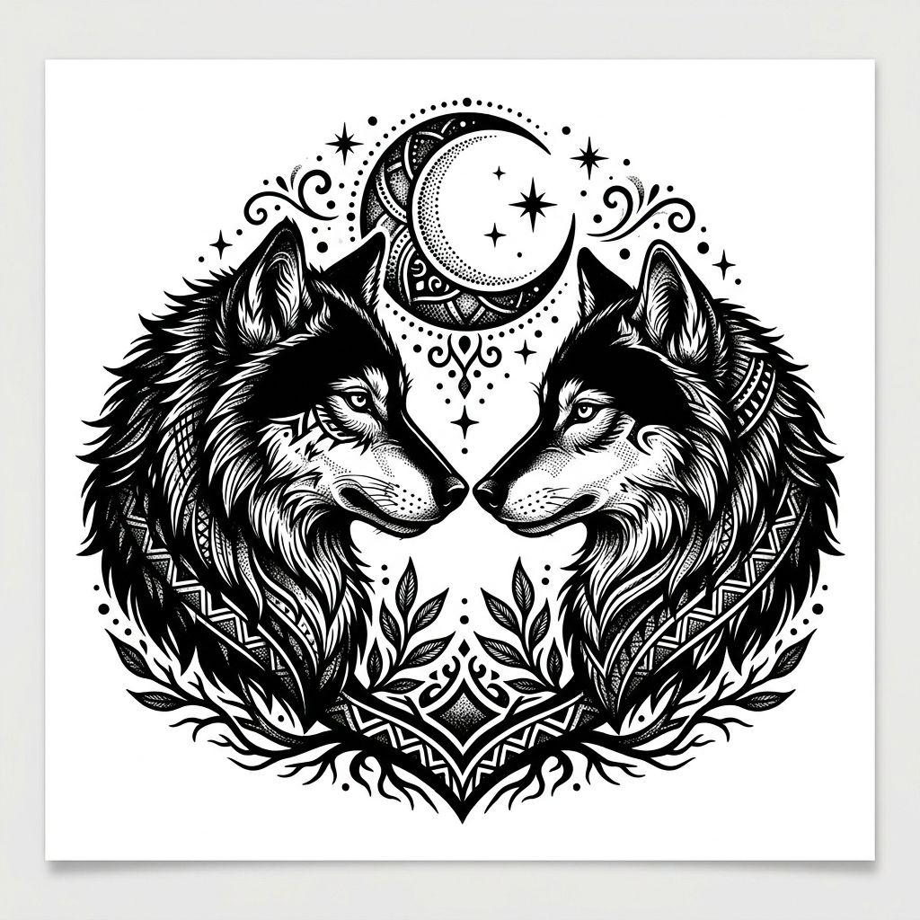 couple-tattoo wolf and she-wolf blackwork