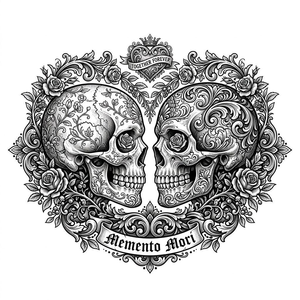 couple-tattoo lovestruck skulls