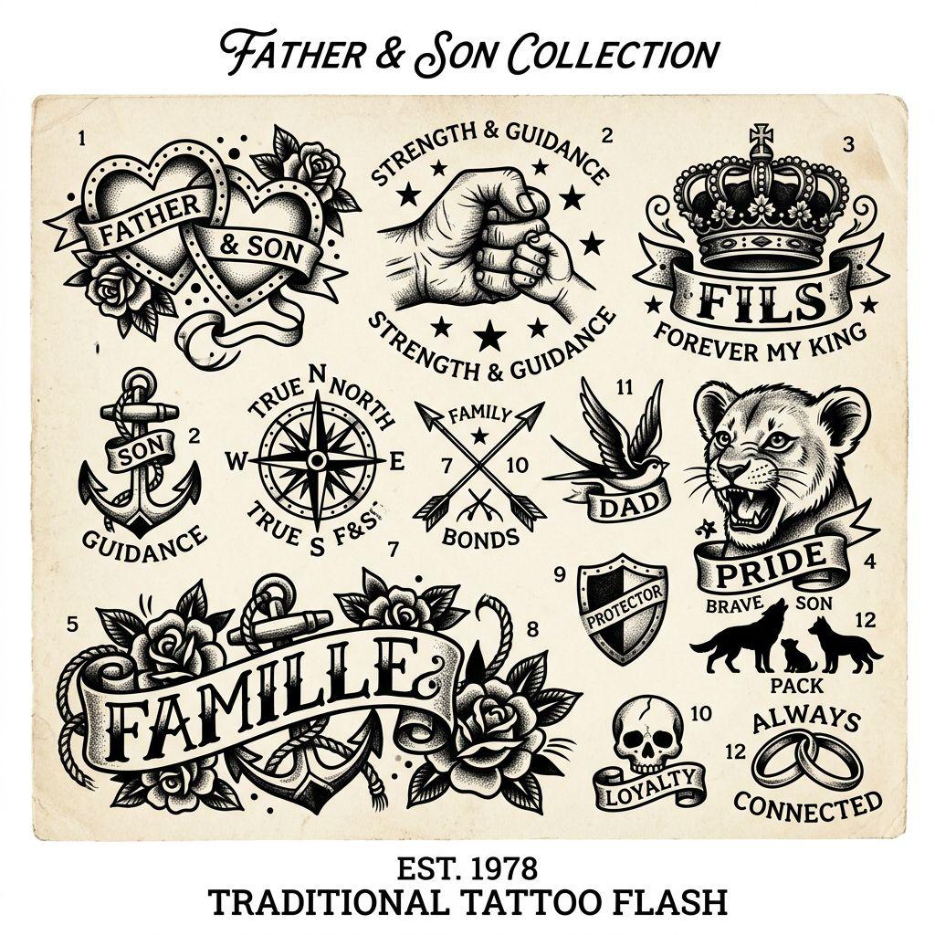 father and son-tattoo family patchwork flash