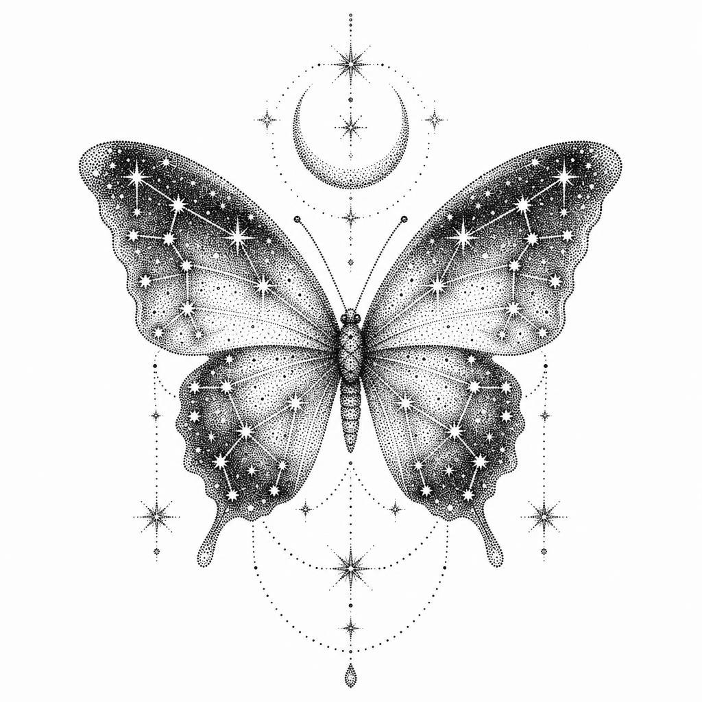 butterfly-tattoo dotwork butterfly with stars