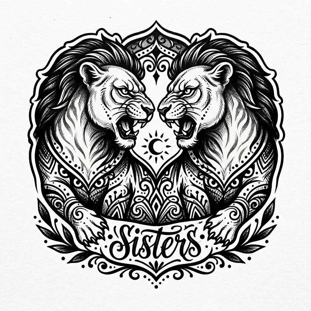 idée tatouage sœurs lionnes sœurs blackwork