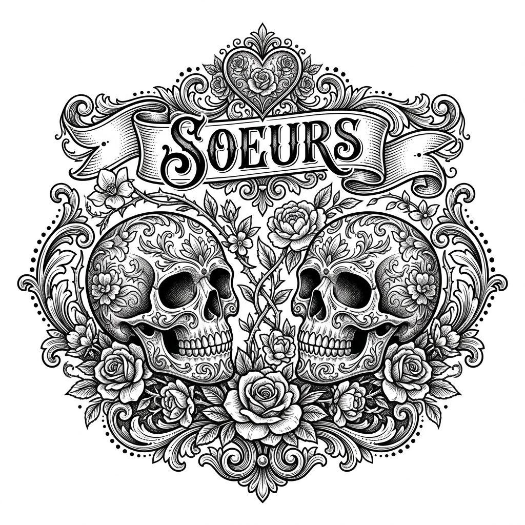 idée tatouage sœurs crânes et roses ornemental