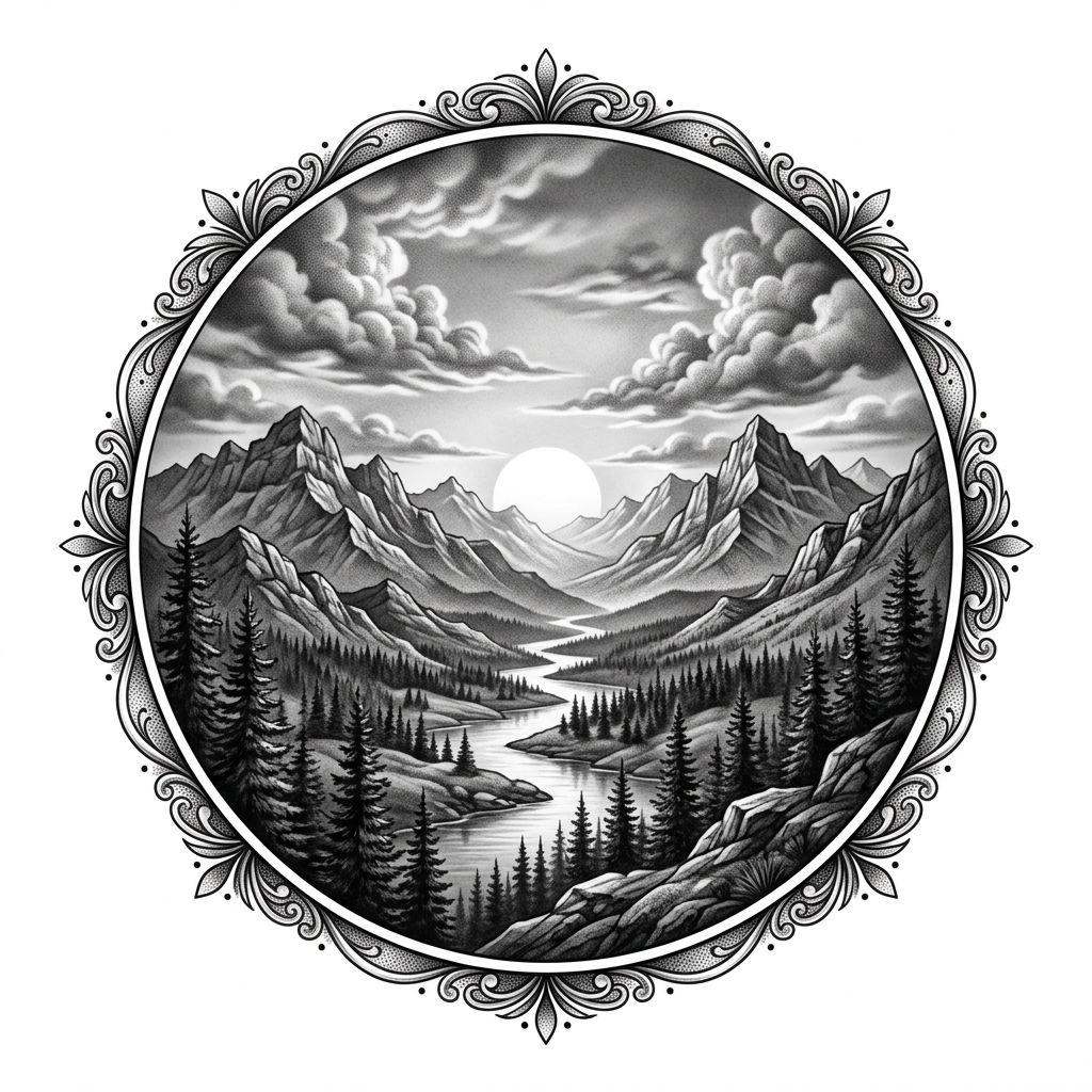 sun-tattoo realism sun landscape